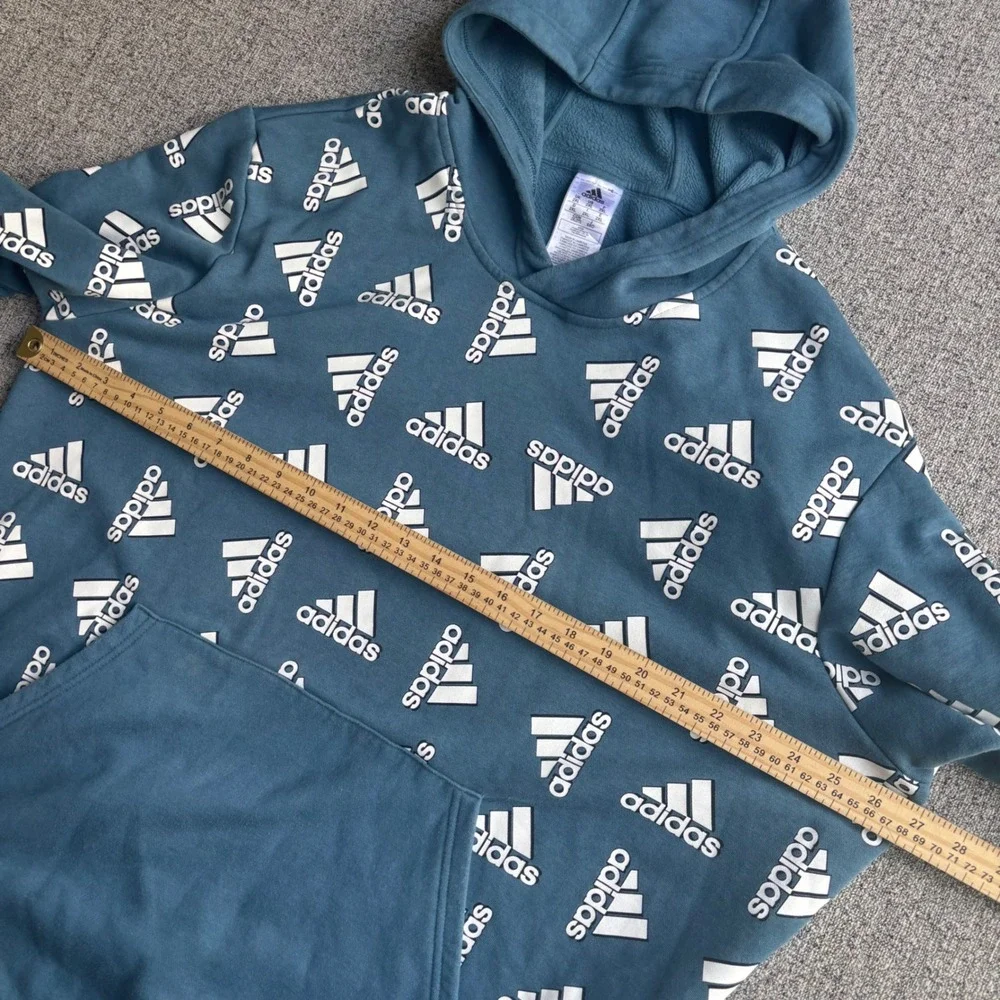 Adidas Hoodie Mens 2XL Blue All Over Print Logo Pullover Fleece Sweatshirt